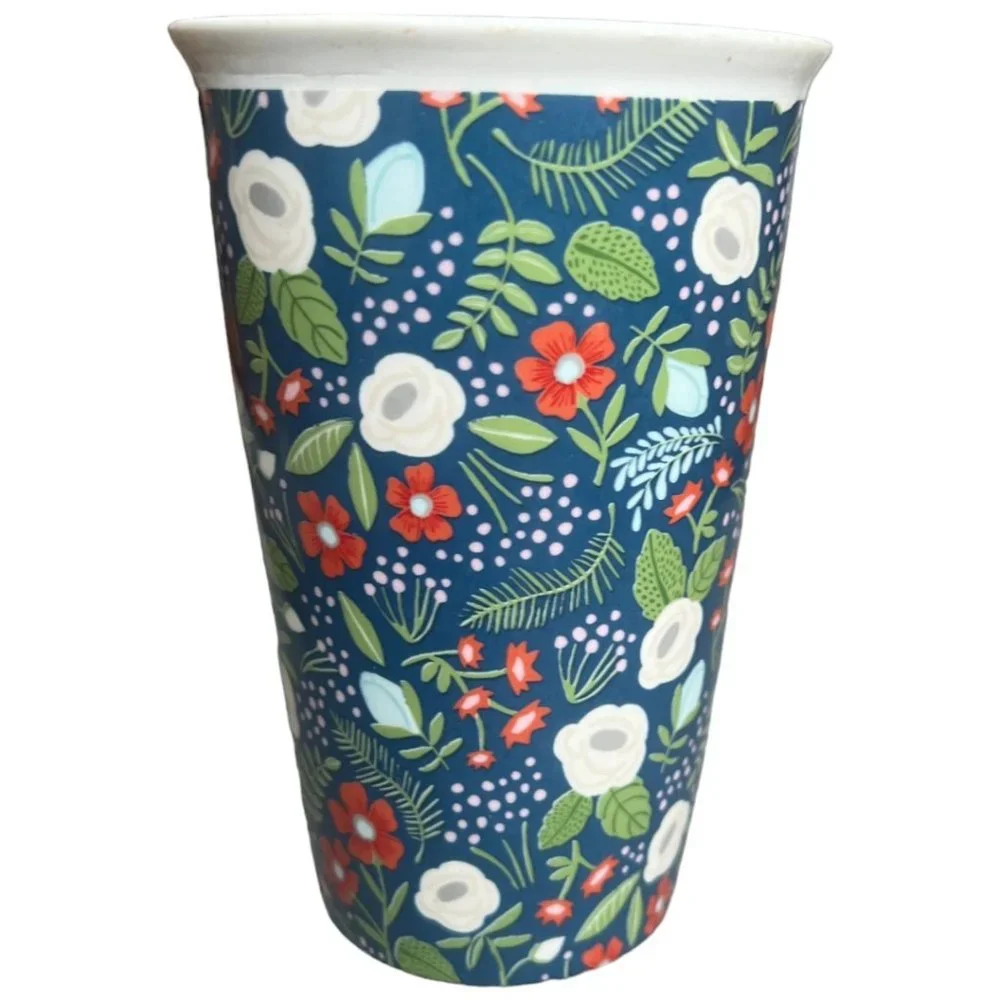 Blue Floral Double Walled Insulated Ceramic Travel Tumbler Pencil Holder READ - Picture 2 of 9